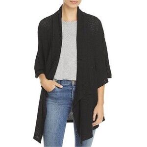 Status By Chenault Textured Cascade Front 3/4 Sleeve Cardigan In Black Sz L
